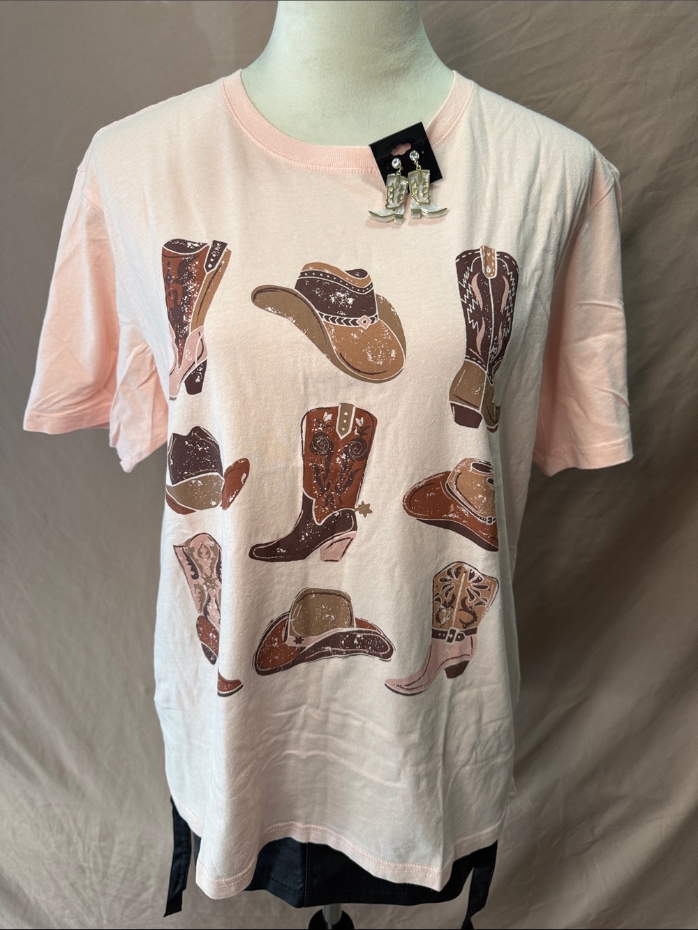 State of Mine Pink Graphic Tee with Brown Cowboy Hat & Boot Print W/Earrings